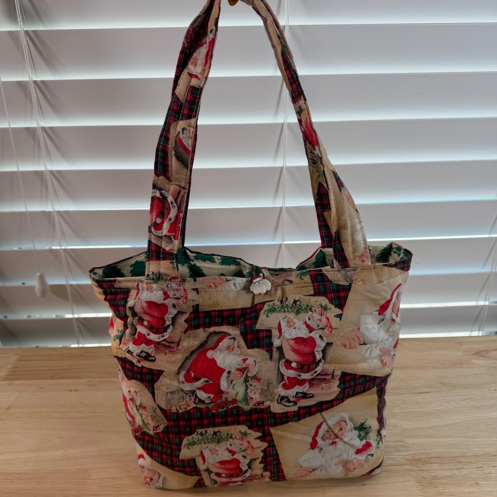 Santa Claus Canvas Slip-in Pocket Holiday Christmas Tote Bag Purse Kitschy
